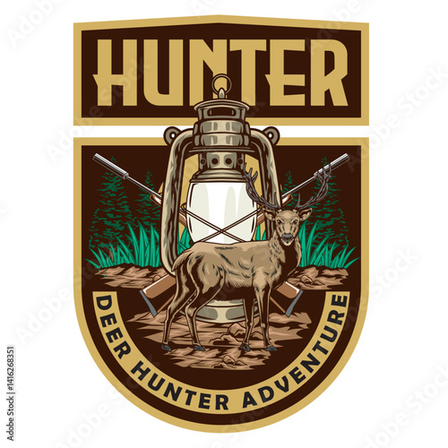 Vector Illustration of Deer and Gun with Detailed Illustration Available for Logo Badge