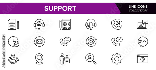 Support  Outline Icon Collection. Thin Line Set contains such Icons as Online Help, Helpdesk, Quick Response, Feedback, and more. Simple web icons set.