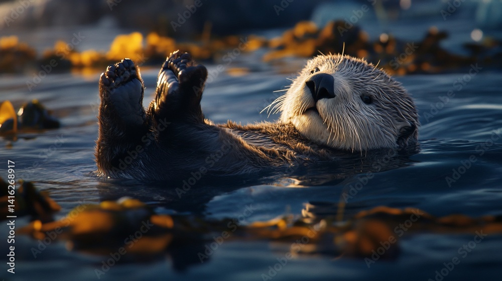 Fototapeta premium Playful sea otter floating comfortably on its back in ocean water