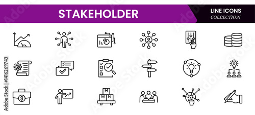 Stakeholder outline icons set. Business, teamwork, trade unions, suppliers, government, customers, creditors, community, investors, and partners.