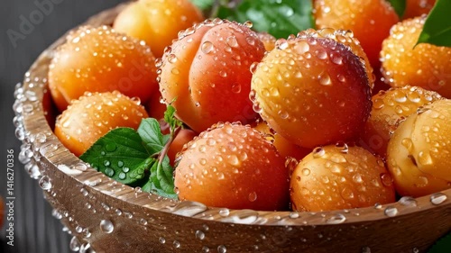 Fresh and colorful bowl of juicy fruit with water droplets showcasing vibrant colors and natural freshness