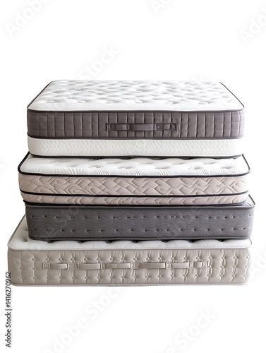 A tall stack of various mattresses, each layer unique in color, size, and softness isolated on white background. photo