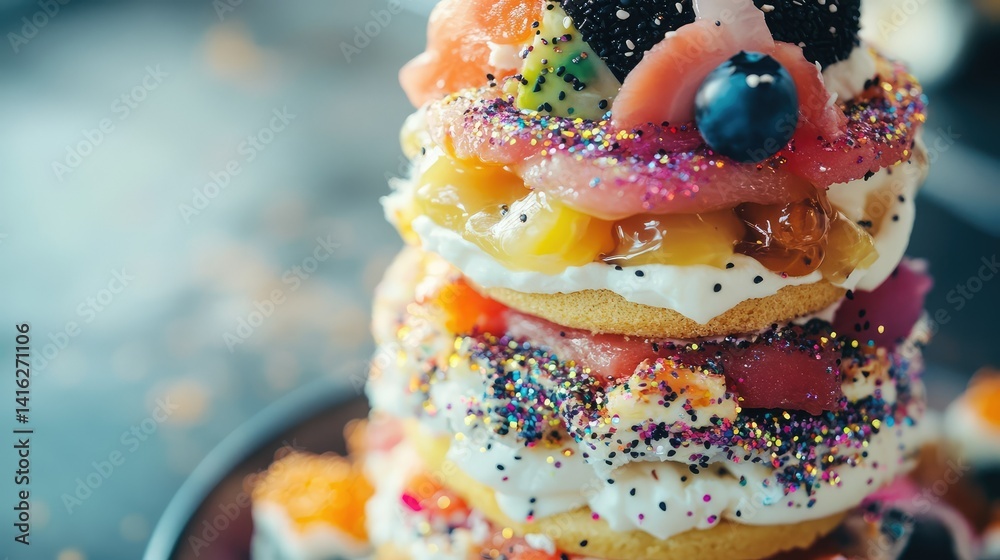 Obraz premium Colorful Dessert Stack with Cream, Fruits, and Sprinkles on a Plate Reflecting a Delightful and Decadent Treat Perfect for Celebrations and Special Occasions