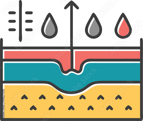 Skin Layers Diagram with Arrow, Skin Cells, Gray & Red Drops on White