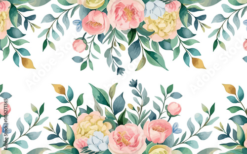 a sophisticated seamless pattern featuring horizontal borders composed of watercolor florals against a crisp white background. 