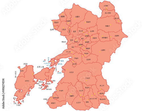 熊本県　地図　赤　斑点　イラスト
