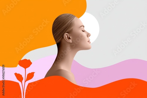 Serene woman portrait minimalist studio digital art calm environment profile view