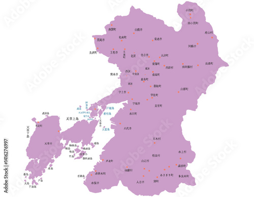 熊本県　地図　紫　斑点　イラスト