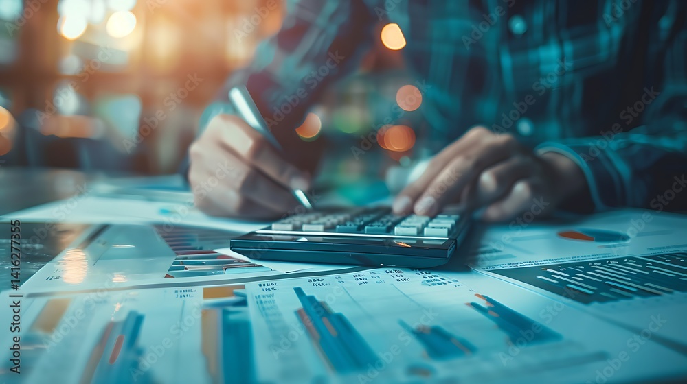 Naklejka premium Business Financing Accounting Banking Concept, Businessman doing finances and calculating financial report with business graph growth cahrt, finance and investment concept