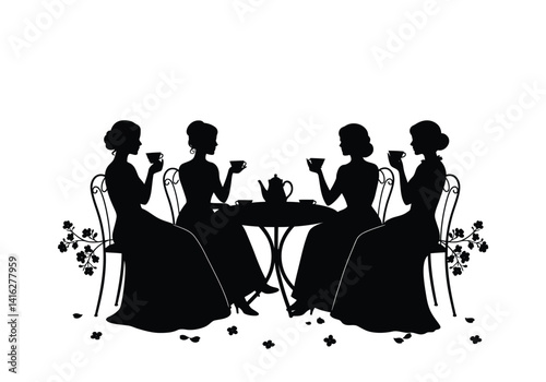 Tea party silhouette. This image shows women seated at a table with teacups, a teapot, and floral decorations, symbolizing elegance and social gatherings. Vector clipart black illustration design.