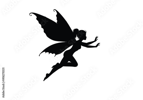 Flying fairy silhouette. This image shows a black silhouette of a flying fairy with large wings, representing a mythical and magical creature. Vector clipart black illustration design.