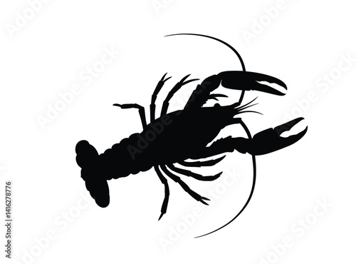 Crayfish silhouette. This image shows a representation of a crayfish, also known as crawfish or freshwater lobster, emphasizing its claws, antennae, and legs. Vector clipart black illustration design.