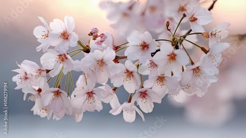 Delicate branch of cherry blossoms with soft pink flowers and green leaves against a clear blue sky in springtime