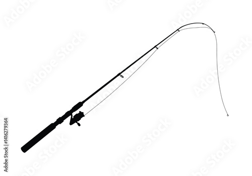 Fishing pole silhouette. This image shows a fishing rod, also called a fishing pole, with detailed elements such as reel and line for angling. Vector clipart black illustration design.