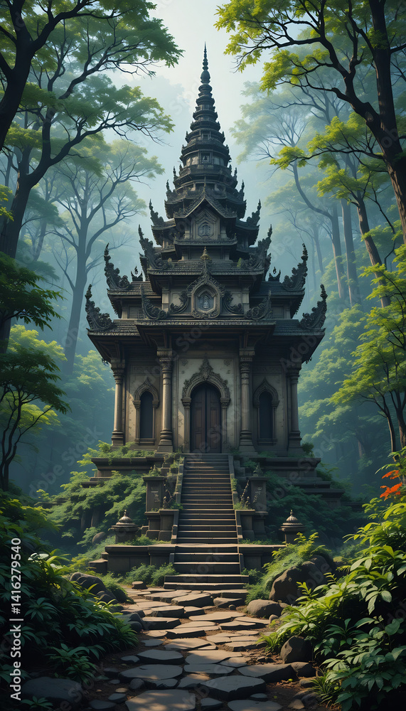 Ancient Temple Mysteriously Nestled Deep Lush Forest Soft Light. AI Generated Ancient Temple Mysteriously Nestled Deep Lush Forest Soft Light. AI Generated