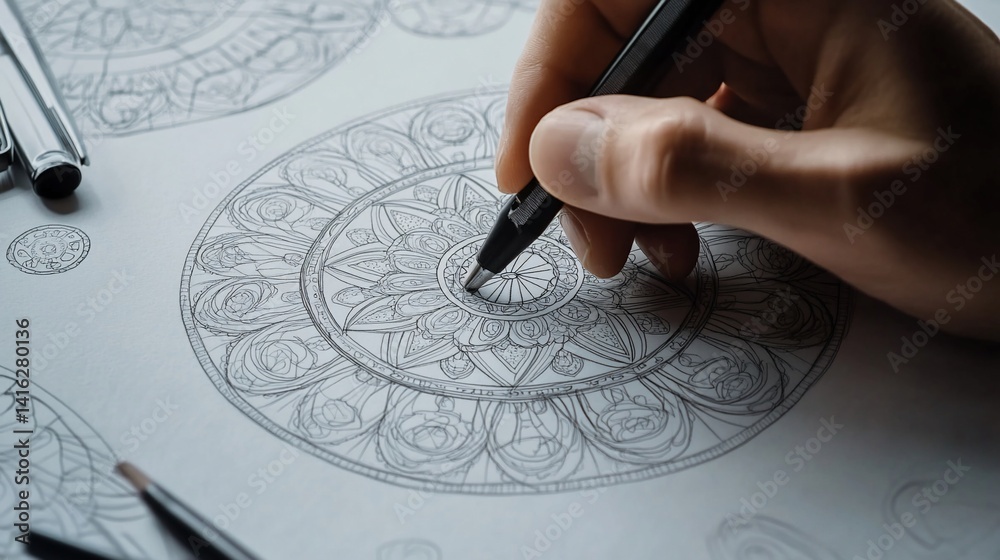 Creative exploration, hand drawing an intricate mandala design on white paper Creative exploration, hand drawing an intricate mandala design on white paper