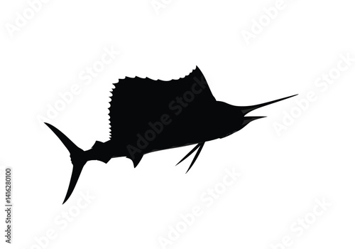 Sailfish silhouette. This image shows a sailfish, also referred to as swordfish or billfish, depicted with its elongated body and sharp fins. Vector clipart black illustration design.