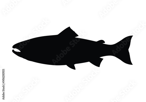 Salmon fish silhouette. This image shows a salmon fish, also known as a marine or freshwater creature, depicted with detailed fins and streamlined body. Vector clipart black illustration design.