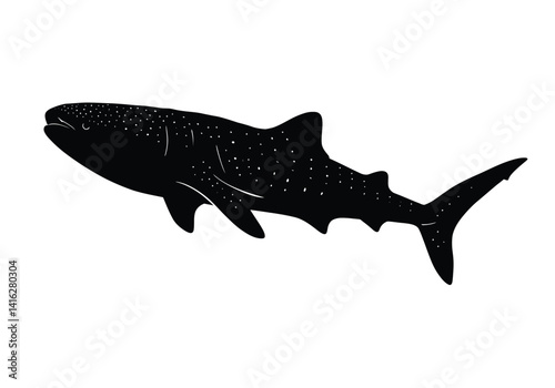 Whale shark silhouette. This image shows a whale shark, also referred to as Rhincodon typus, featuring detailed fins, streamlined body, and spot patterns. Vector clipart black illustration design.