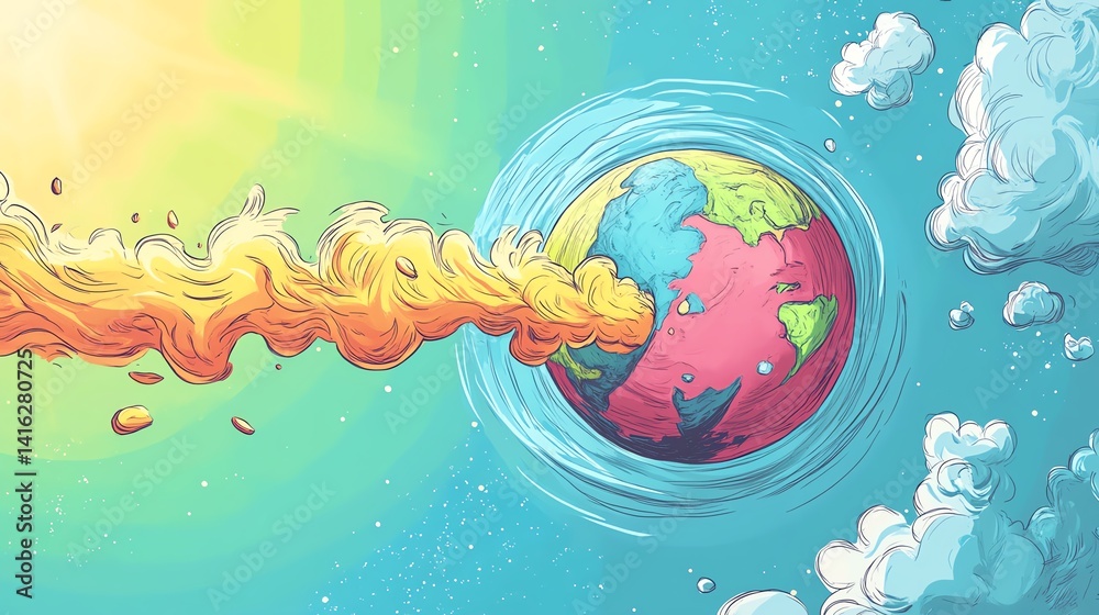 Naklejka premium Colorful Illustration of Earth Surrounded by Vibrant Flames and Clouds Under a Bright Sun in a Whimsical Style