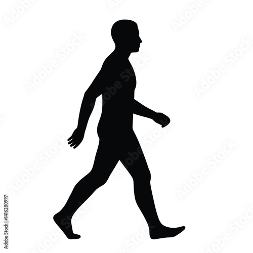 Human walking silhouette. This image shows a black silhouette of a person in stride, emphasizing motion, anatomical form, and posture in walking. Vector clipart black illustration design.