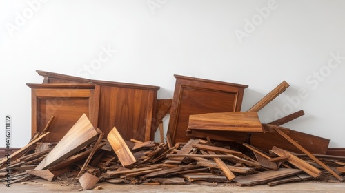 Demolition debris: damaged furniture and wood scraps against white background 