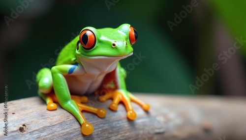 Green tree frog perched on white, vibrant colors, legs, illustration