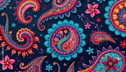 Bold paisley print with contrasting colors and sharp details , vivid, design element, modern