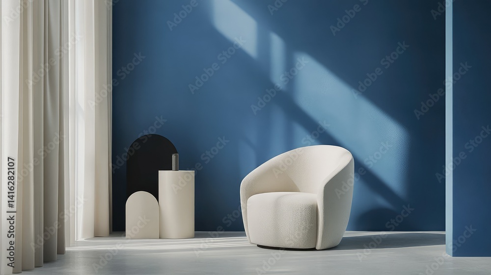 Cozy and Modern Chair in Minimalist Room with Blue Wall and Shadow Play, Emphasizing Contemporary Design and Serene Atmosphere Cozy and Modern Chair in Minimalist Room with Blue Wall and Shadow Play, Emphasizing Contemporary Design and Serene Atmosphere