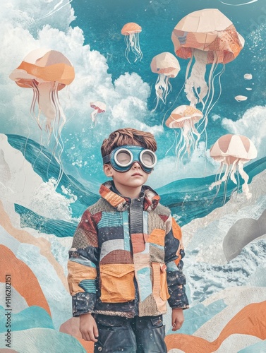 Child gazing at jellyfish, layered landscape
