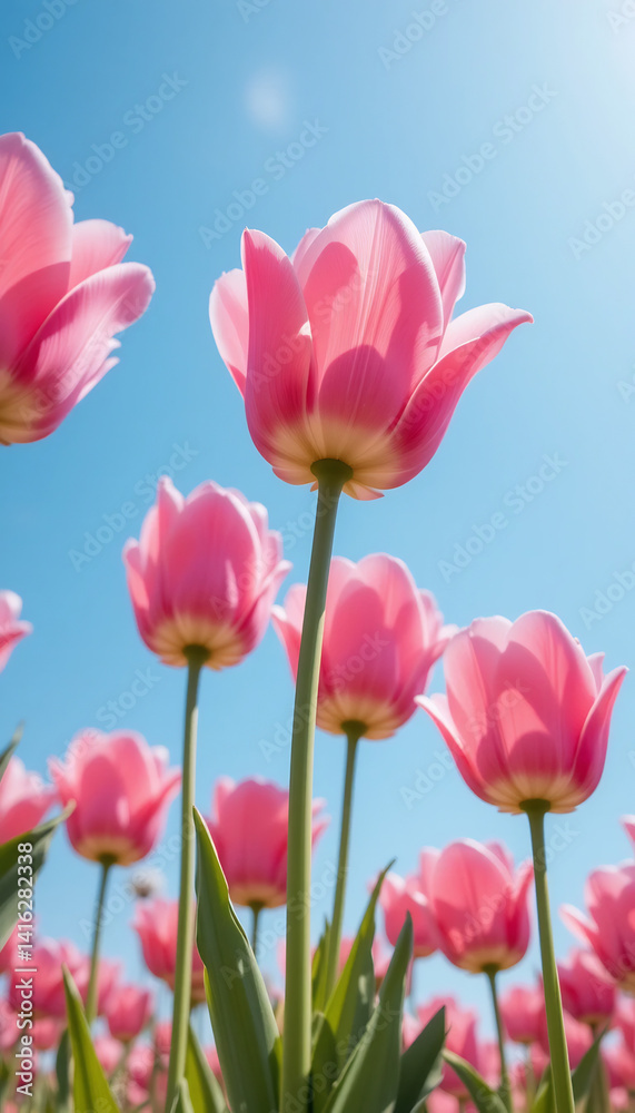 Obraz premium Bright Pink Tulips Bloom Under Sunny Sky. AI Generated