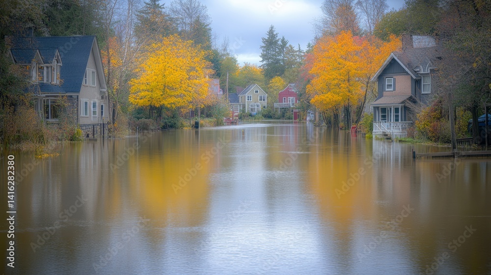 Fototapeta premium Flooded street during autumn: homes reflected in water fall foliage natural disaster aftermath 
