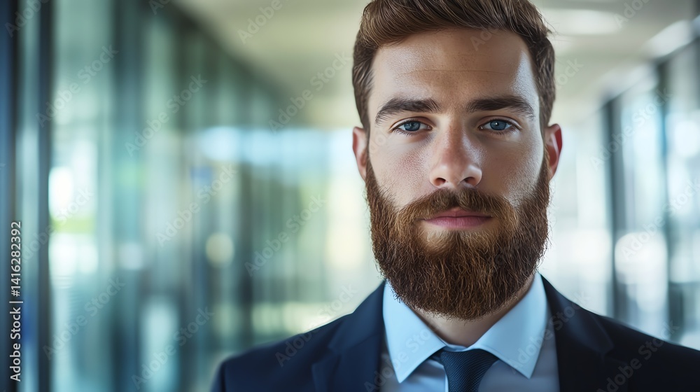 Young Man With a Well-Groomed Beard Poses Confidently in a Modern Office Corridor During Daylight Hours Young Man With a Well-Groomed Beard Poses Confidently in a Modern Office Corridor During Daylight Hours