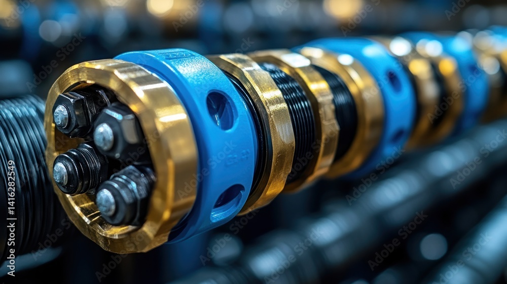 Obraz premium Close-up of industrial pipe connectors showcasing intricate details of brass and blue plastic components. Highlighting precision engineering and industrial design.