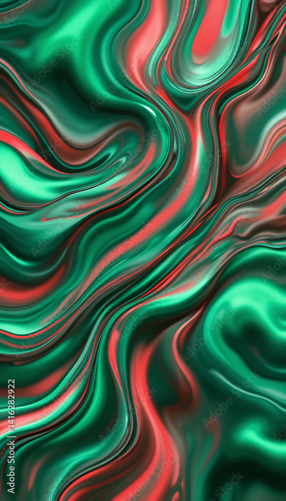 Fototapeta premium Abstract Swirling Emerald Green and Coral Liquid Design. AI Generated