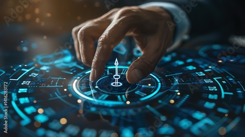 Time management concept. Businessman touches time management icon on virtual screen. Work planning for increases efficiency and reduces work time. Business project planning