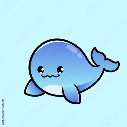 Cute Cartoon Blue Whale Swimming in a sea Illustration. Animal Nature Icon Concept Isolated Flat  Style for coloring page or education kids