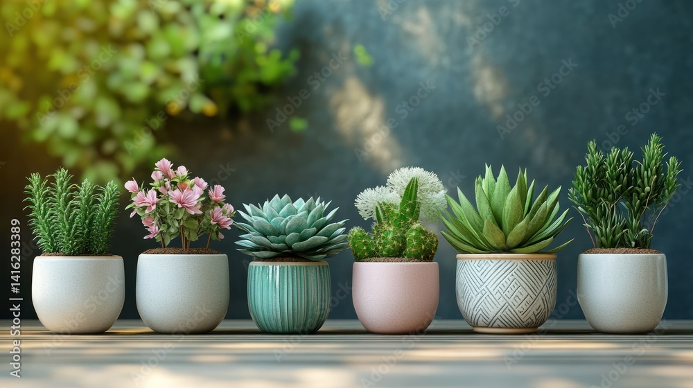 A variety of ceramic flower pots with different plant types, A variety of ceramic flower pots with different plant types,