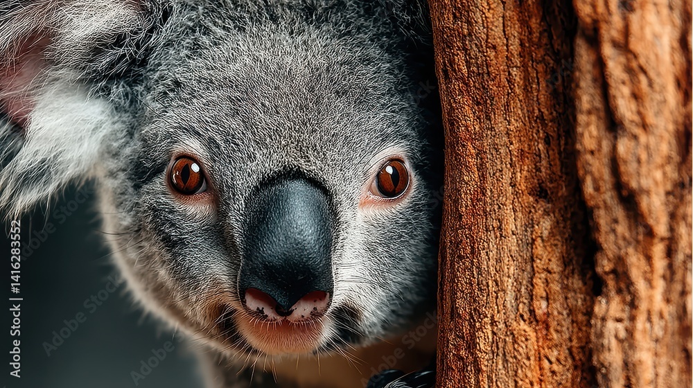 Obraz premium close up of a curious koala clinging to a tree trunk,photo stock
