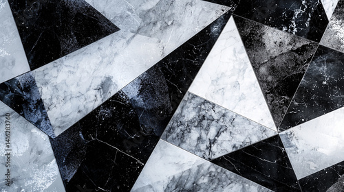 Modern abstract design with black and white marble textures arranged in sharp geometric triangular shapes.