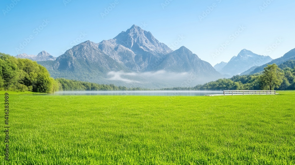Pristine lake nestled in a valley, with lush green meadow and majestic mountains rising beyond. Tranquil morning scenery Pristine lake nestled in a valley, with lush green meadow and majestic mountains rising beyond. Tranquil morning scenery