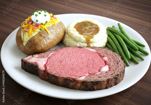 Deliciously plated prime rib with baked potato, mashed potatoes, green beans, and garnishes