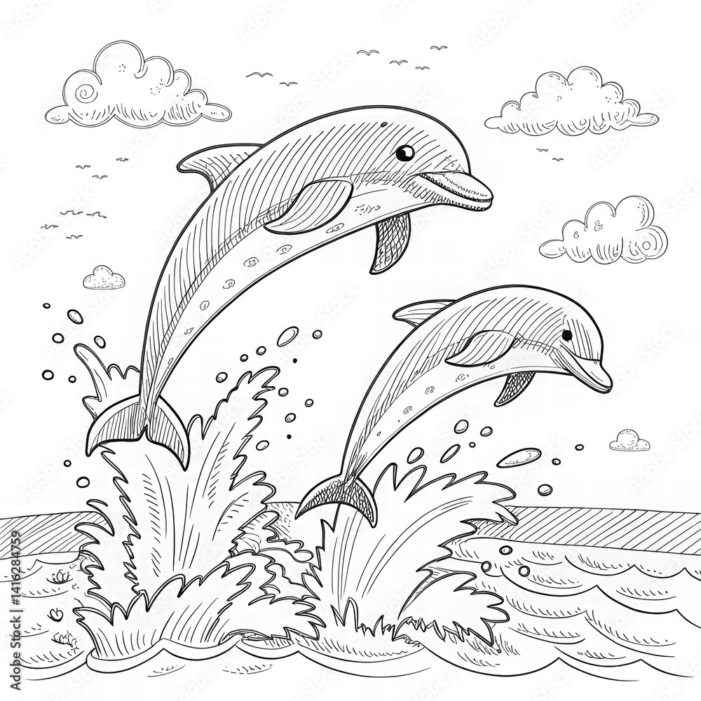 Naklejka premium Playful Dolphins Jumping Over Waves in a Stunning Marine Scene