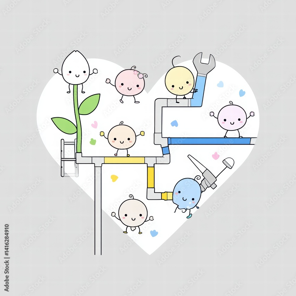 Cute characters with tools and plants in heart-shaped design Cute characters with tools and plants in heart-shaped design