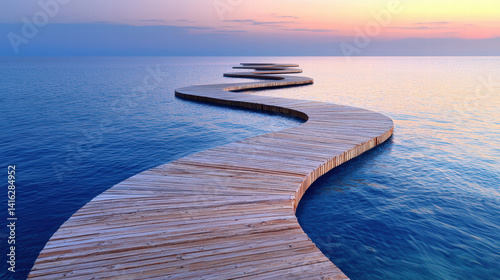 breathtaking aerial shot of winding boardwalk over calm waters at sunset, creating serene and tranquil atmosphere. colors blend beautifully in sky and water
