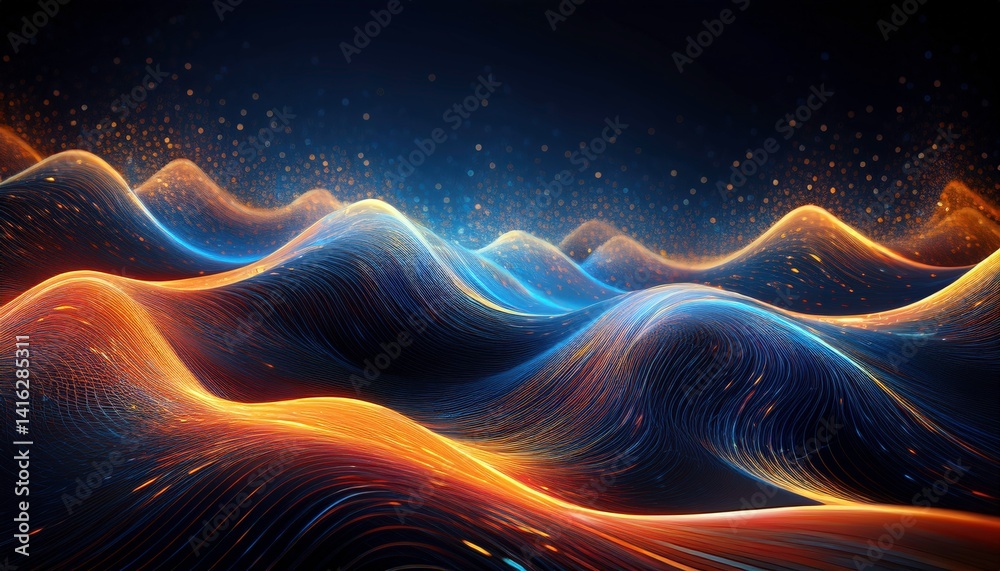 Obraz premium Abstract digital landscape with glowing particles forming undulating hills in shades of gold, blue, and dark, creating a futuristic and ethereal atmosphere