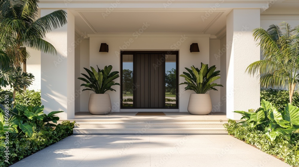 Modern entrance of a stylish home with large plants and clean stone steps surrounded by lush greenery Modern entrance of a stylish home with large plants and clean stone steps surrounded by lush greenery