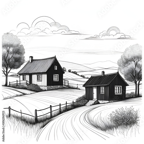 Line sketch, hand drawn village landscape, small black abstract house