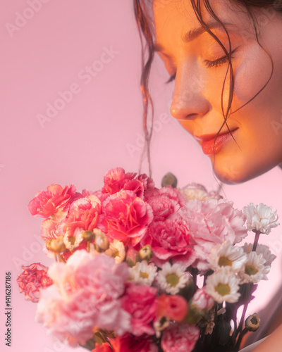 Young Caucasian woman with glowing skin and peaceful expression smells a bouquet of carnations and daisies in warm pink light. Ideal for fragrance, floral beauty, and wellness campaigns.