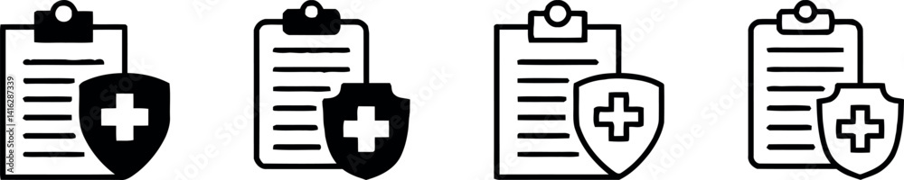 Fototapeta premium Minimalist Clipboard with Shield and Medical Cross Icons: Black and White Design for Healthcare, Safety, and Documentation Concepts